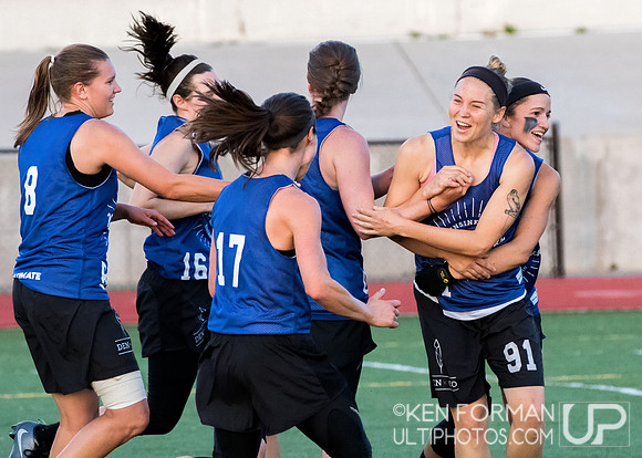 Molly Brown celebrates with Hannah Leathers (Molly Brown #91) after a clutch catch - Eurostars v. Molly Brown