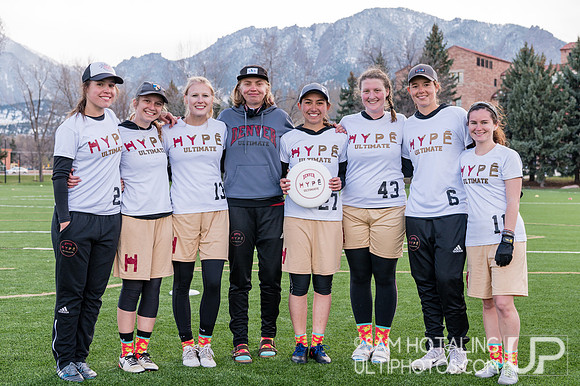 Senior members of Denver University Hype at Rocky Mountain DI Conf. Championships, Women's