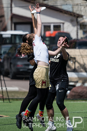 CU Kali and DU Hype battle for the disc at Rocky Mountain DI Conf. Championships, Women's