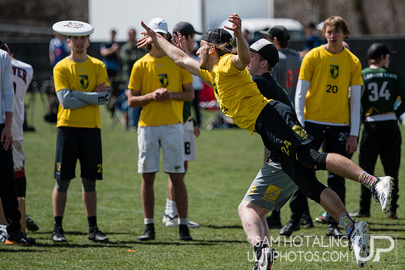 Mathieu Agee lays out for a block at Rocky Mountain DI Conf. Championships, Men's
