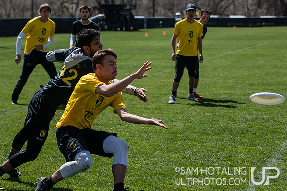 Sarang Mittal bids for an under to Zane Barber at Rocky Mountain DI Conf. Championships, Men's