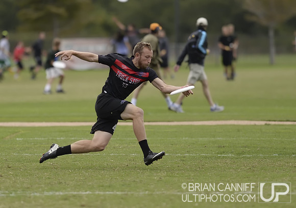 FRISCO, TX: Jeff Wodatch (#45 Truck Stop, Washington, DC) catches a goal in the game against Chain Lightning (Atlanta, GA) in bracket play at the USA Ultimate Men's National Championships. Friday, Oct