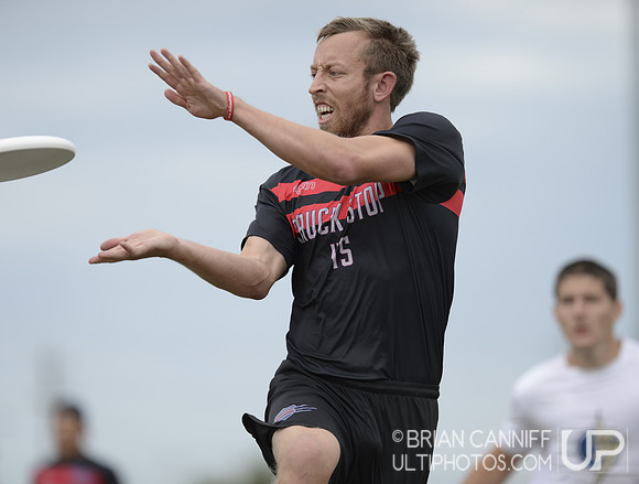 FRISCO, TX: Jeff Wodatch (#45 Truck Stop, Washington, DC) catches a pass in the game against Chain Lightning (Atlanta, GA) in bracket play at the USA Ultimate Men's National Championships. Friday, Oct